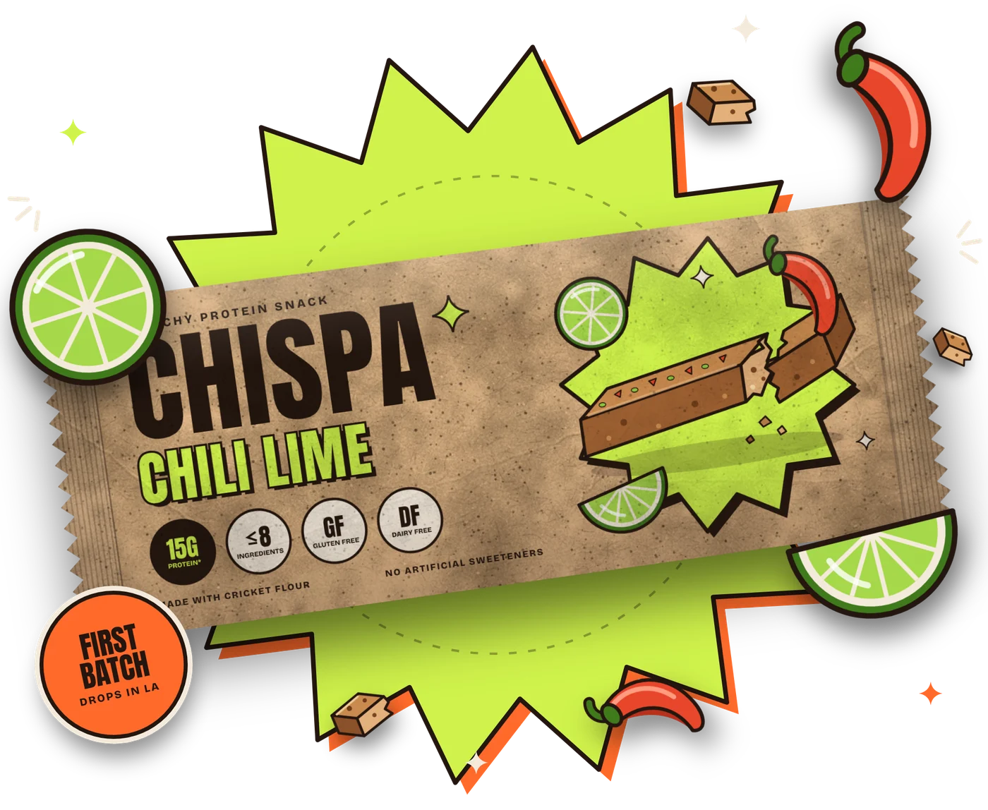 A CHISPA Chili Lime bar in a kraft wrapper, bursting with lime and chili
